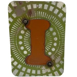 Handcrafted Recycled Metal Letter I Art Sign Green Orange White Paint